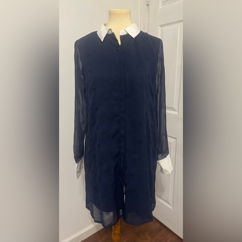 Avec Les Filles for Anthropologie sheer collared eyelet shirt dress navy size 8
